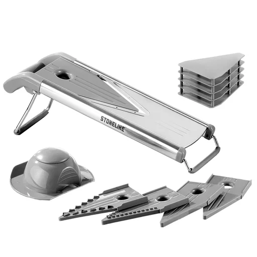 "V-slicer - Vegetable slicer with stainless steel V-shaped blade, 5 cutting inserts, 9 pieces image"