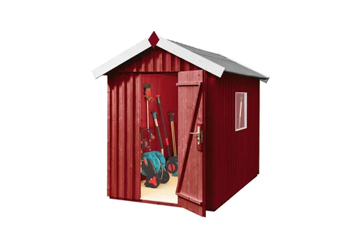 "Swedish house size 2, L x W x H 200 x 286 x 220 cm, rough-sawn, Swedish red, with single door and window image"