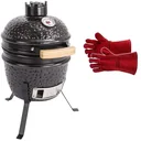 Kamado Mini Grill - black + Busters Leather BBQ Gloves - Heat-resistant - Size 10 - up to 100 degrees - 35 cm - Red