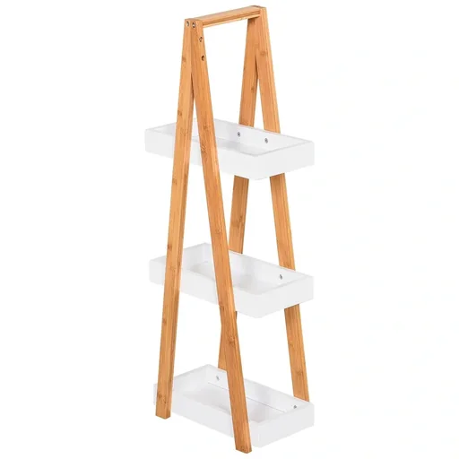 "Bathroom shelf, 3-tier stair shelf, ladder shelf, bathroom, bamboo, white, 30 x 18 x 81 cm image"