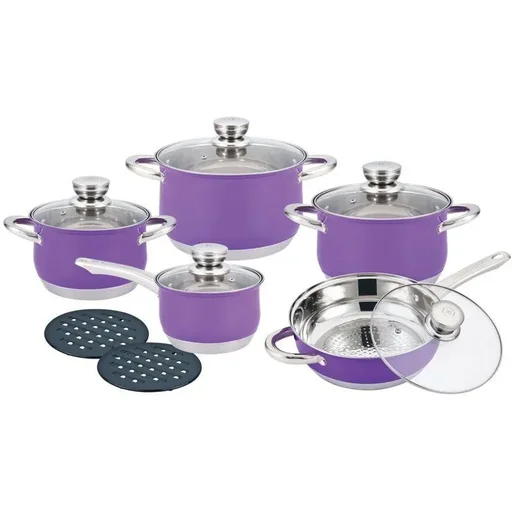 "Herenthal - Complete 12-piece cookware set - Stainless steel - Purple image"