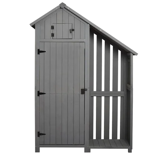 "Garden cabinet wooden tool shed garden house tool cabinet wooden hut gable roof grey + black 129 x 51.5 x 180 cm image"