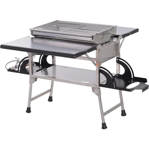 "Folding grill gas grill stand grill portable table grill camping garden BBQ stainless steel silver 58 x 34.2 x 34 cm image"