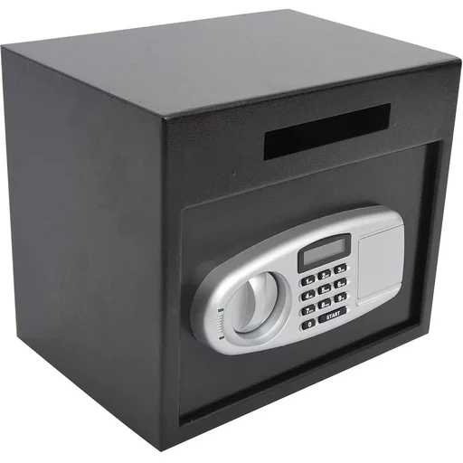 "Secure furniture safe with electronic lock, black steel image"