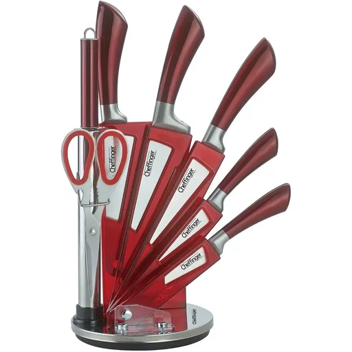 "Cheffinger 8-piece knife set with stand - Silver/Red image"