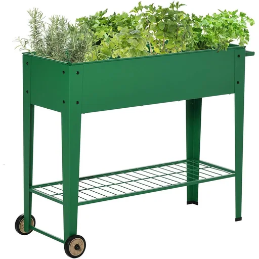 "Green metal planter with wheels and shelf 104 x 39 x 80 cm image"