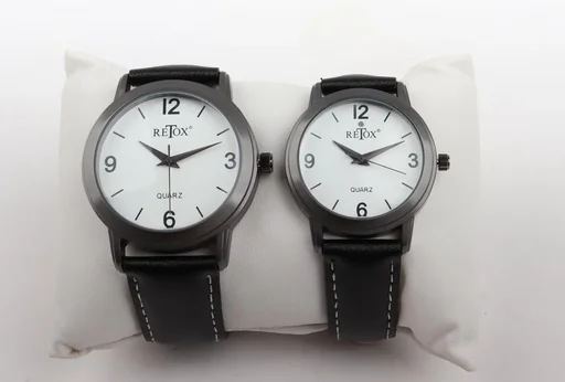 "Watch set for him and her in titanium look and genuine leather strap image"