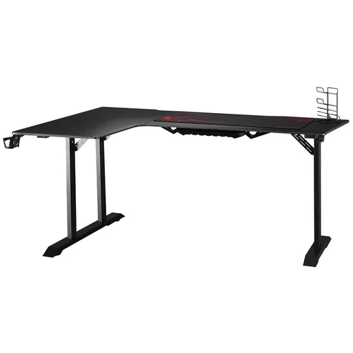 "Gaming Table Desk L-shaped with Headphone Hook Cup Holder Computer Table MDF Metal Black+Red 168 x 109 image"