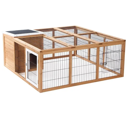 "Rabbit hutch with outdoor enclosure, small animal hutch, roof to open, waterproof, multifunctional, fir wood, natural image"
