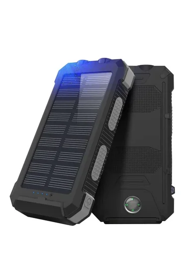 "Solar power bank with flashlight and LED capacity indicator image"