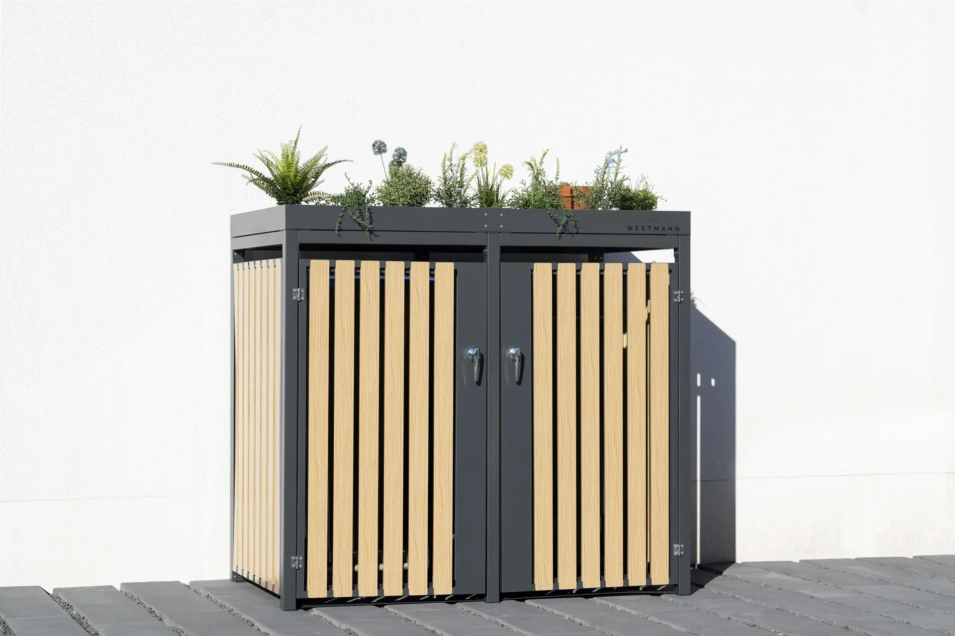 "Garbage can box 2-compartment 240 liters wood look image"