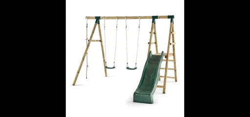 "Giant Baboon wooden swing set, outdoor swing set for children, double swing, climbing rope, slide, natural image"