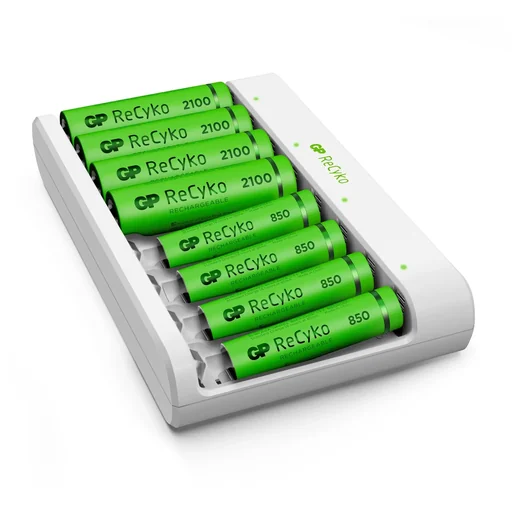 "USB charger for 8 AA/AAA NiMH batteries including 4 ReCyko Mignon batteries 2100 mAh + 4 ReCyko Micro batteries 850 mAh image"