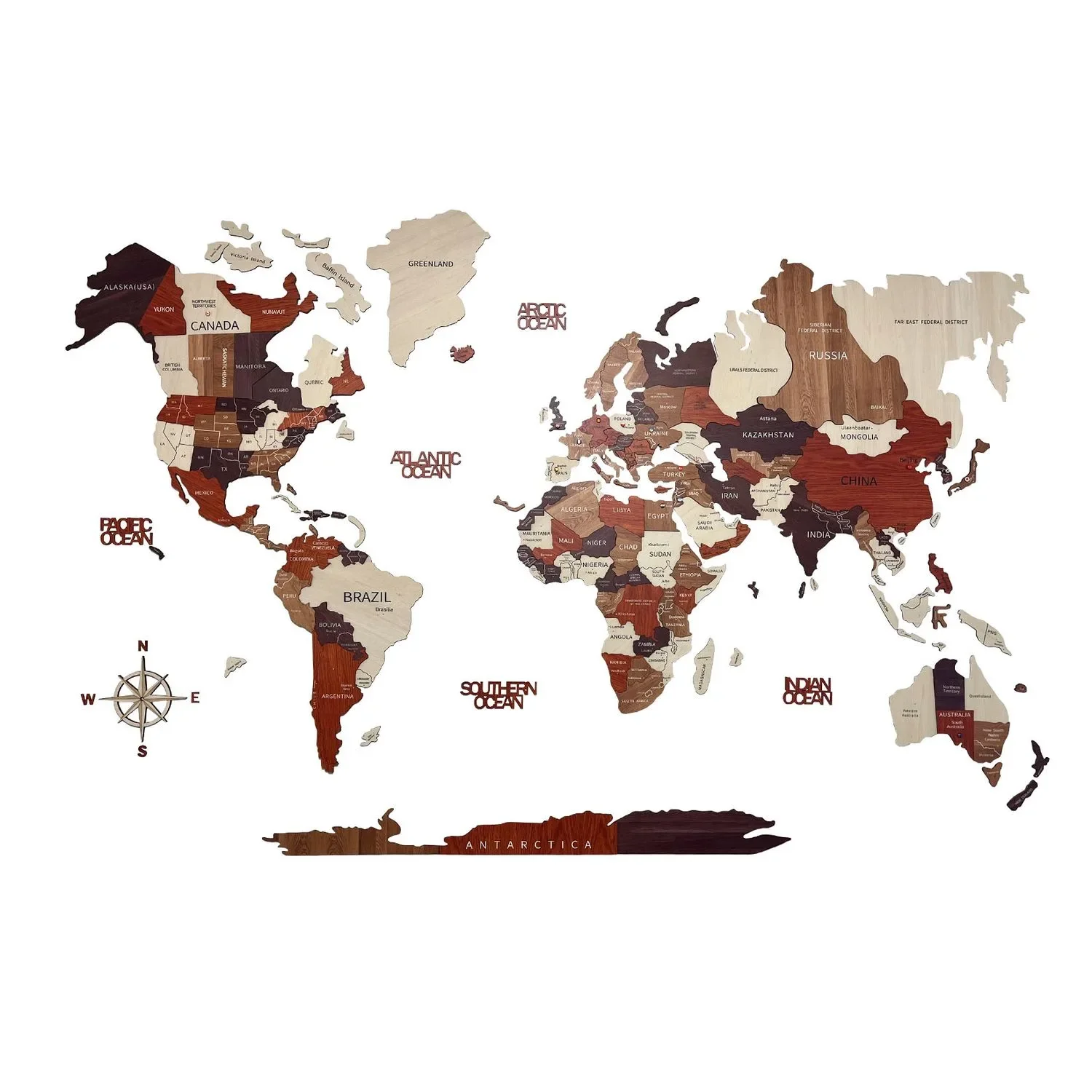 "Wooden world map multicolor Green Split - 3D wall decoration, World map size: L image"