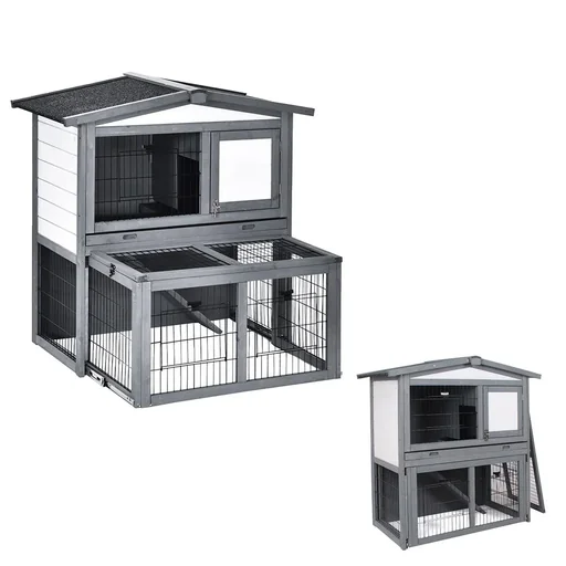 "Rabbit house rabbit hutch with ramp for guinea pigs rabbits with free run fir wood grey+white 101.5 x 90 x 10 image"