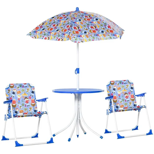 "4-piece children's seating group with garden table, 2 folding chairs, parasol, camping children's seating set, garden furniture for 3-5 years, blue image"