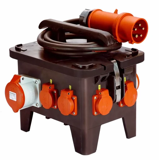 "Construction site power distributor M3 connection CEE 400V, 32A, 4 sockets 230V, 1+1 CEE sockets 400V image"