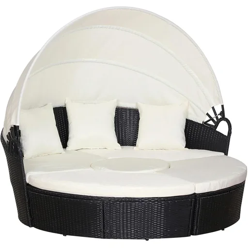 "Rattan sun island, lounge group with sunroof, seating group, cushions and side table, metal, cream, 180 x 175 x 147 cm image"
