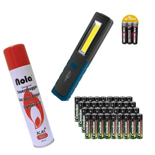 "Ansmann work light including batteries, SMD LEDs, 1W + 3W + zinc-carbon value set AA/AAA - 72 pieces and lighter refill gas 300 ml image"