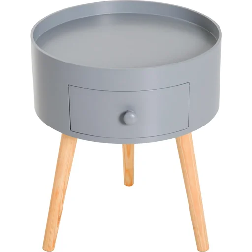 "Round coffee table with drawer, grey wood image"