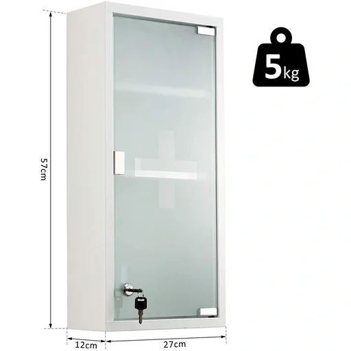 "Medicine cabinet, first aid cabinet with lock, 3 compartments, frosted glass, metal, white, 27 x 57 x 12 cm image"