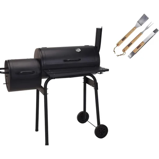 "BBQ Grill - Smoker black with thermostat and 3-piece BBQ tool set - Grill area 66 x 34 cm image"