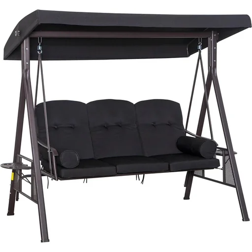 "3-seater porch swing with parasol, black, 116 x 206 x 183 cm image"