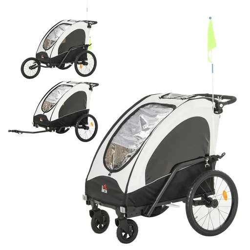 "3 in 1 Children's Trailer Aluminum Children's Jogger Bicycle Trailer Bike Trailer for 2 Children with Flag White+Black image"