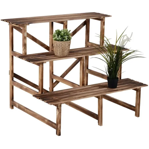 "Plant staircase flower shelf fir wood 3 steps L100 x W80 x H80cm image"