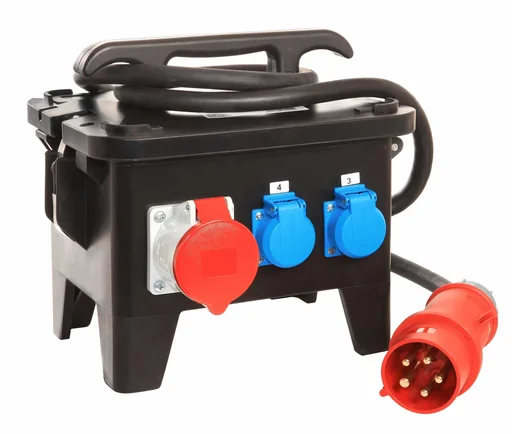 "Construction site power distributor M4 connection CEE 400V, 32A, 3 sockets 230V, 2+1 CEE sockets 400V image"