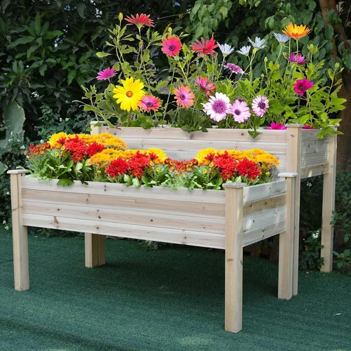 "Raised bed 2 levels cold frame herb bed planter with drainage holes solid wood natural 115 x 114 x 76 cm image"