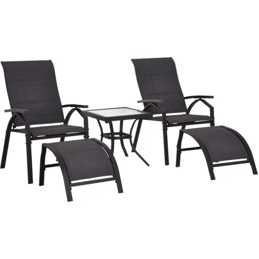 "5 pcs, garden furniture, garden seating group, garden table set, garden lounger, padded black, 2 x armchairs, 2 x stools, 1 x table image"