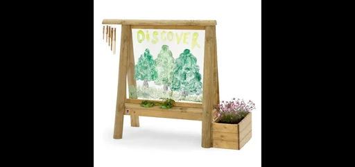 "Discovery Board Outdoor writing and drawing board for children made of wood, plant pot, wind chime, natural image"
