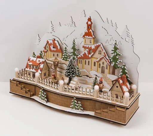 "LED wooden lamp village square with music box image"