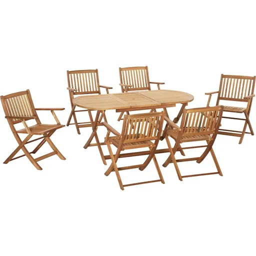 "7-piece garden furniture set with parasol opening in the table, poplar wood, teak color image"