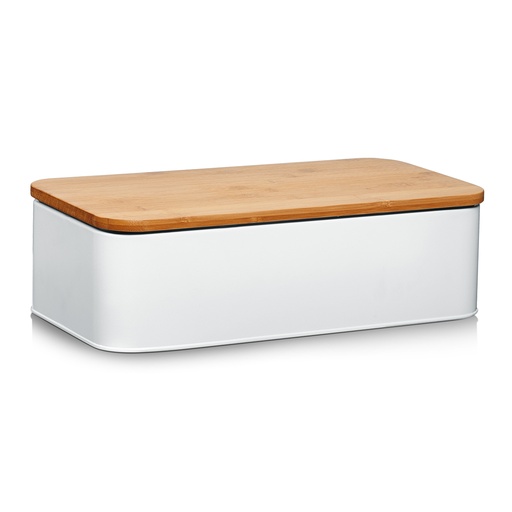 "Bread bin with bamboo lid, metal, matt white image"