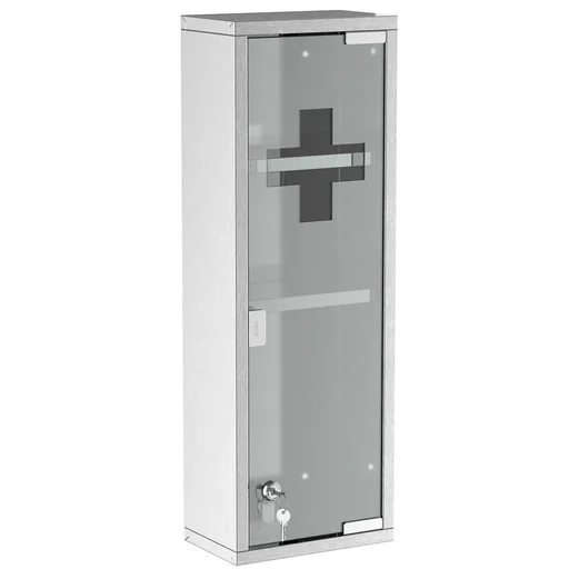 "Medicine cabinet first aid cabinet with lock 3 compartments frosted glass 430 stainless steel + tempered glass door silver 20 image"