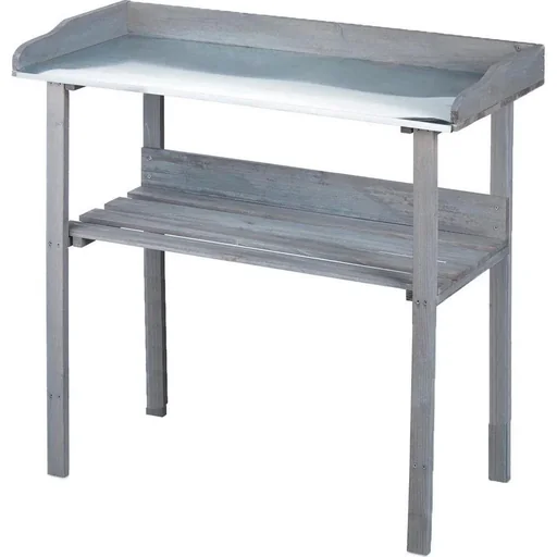 "Garden planter with zinc leaf and wooden shelf - Garden table - Anthracite - 78 x 38 x 86 cm image"