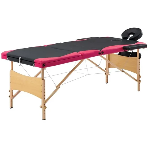 "Folding massage table with 3 zones made of wood, black and pink image"